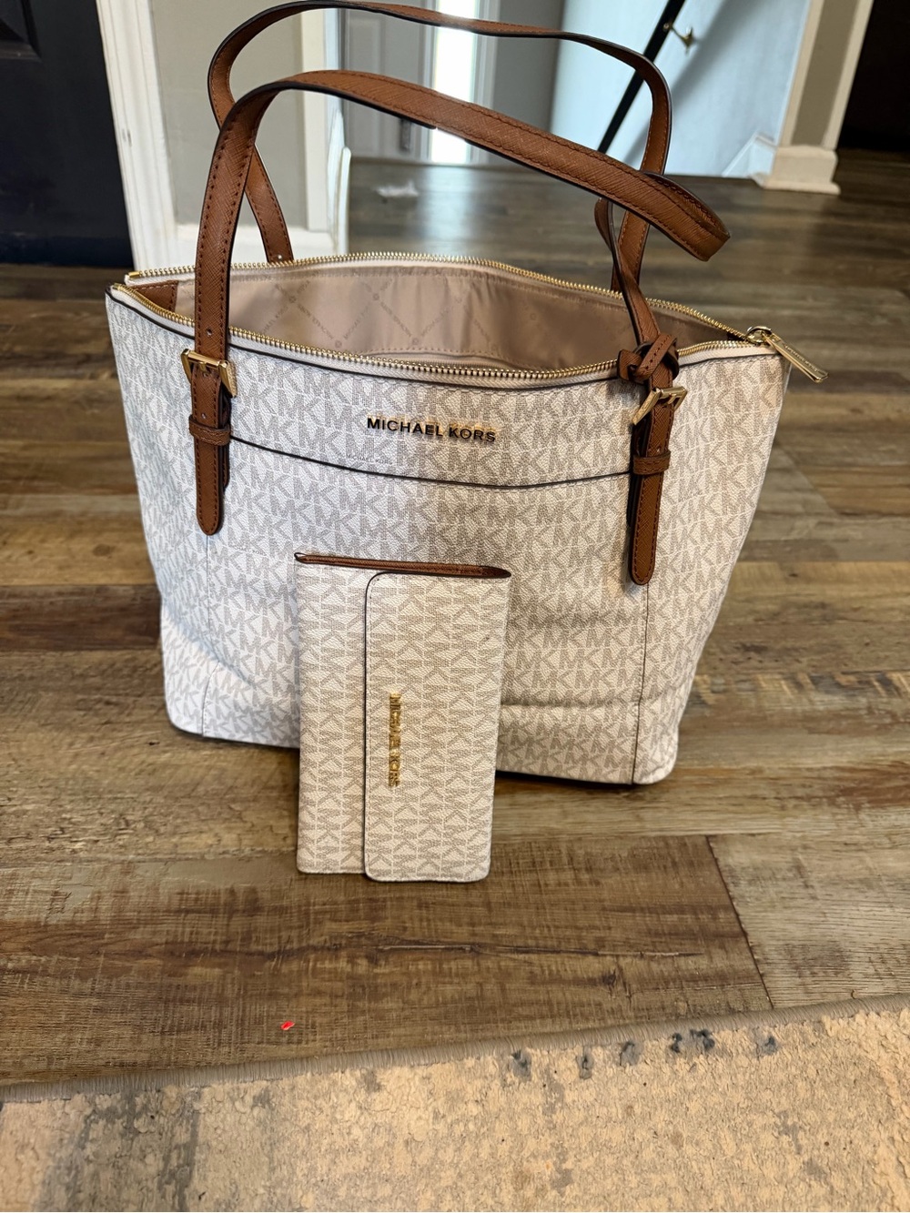 Michael Kors Cream/White Logo Tote with Brown Trim and Matching Wallet